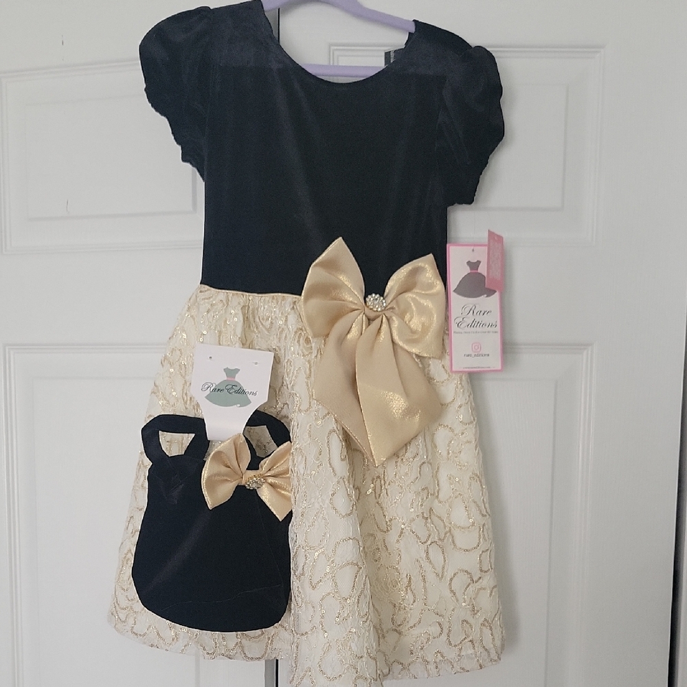 Girls Black and Gold Bow Party Dress